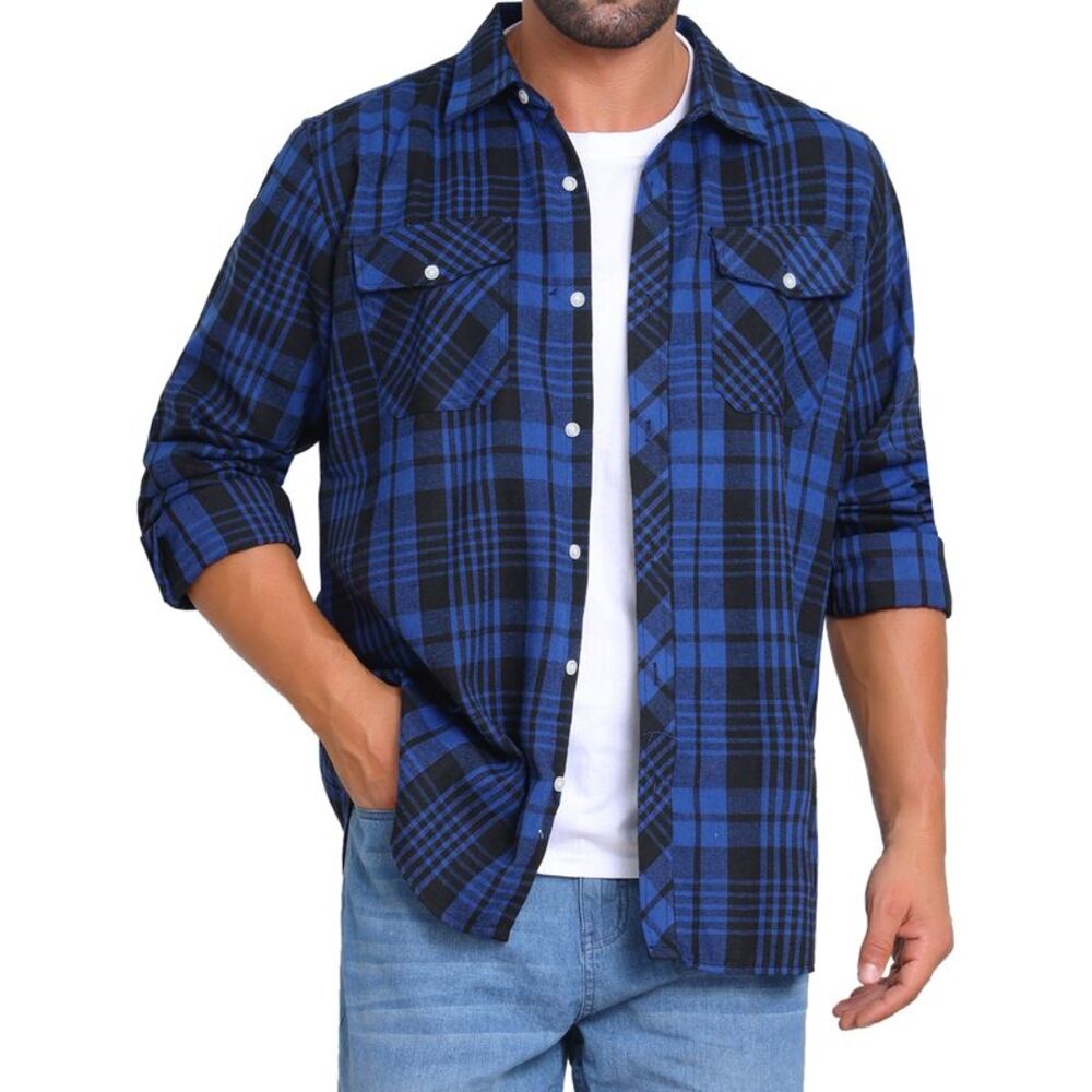 Contrasting Colors Checked Slim Fit Long Sleeved Shirt with Pocket Black Blue